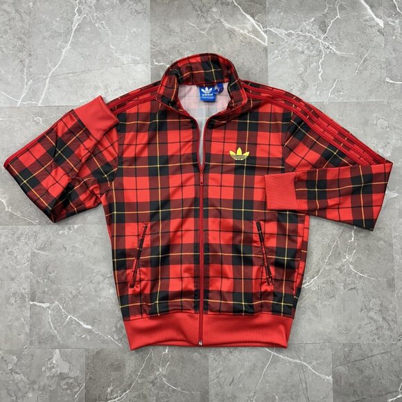 Adidas Jacket Mens Small Red Black Plaid Trefoil Track Full Zip Retro Style